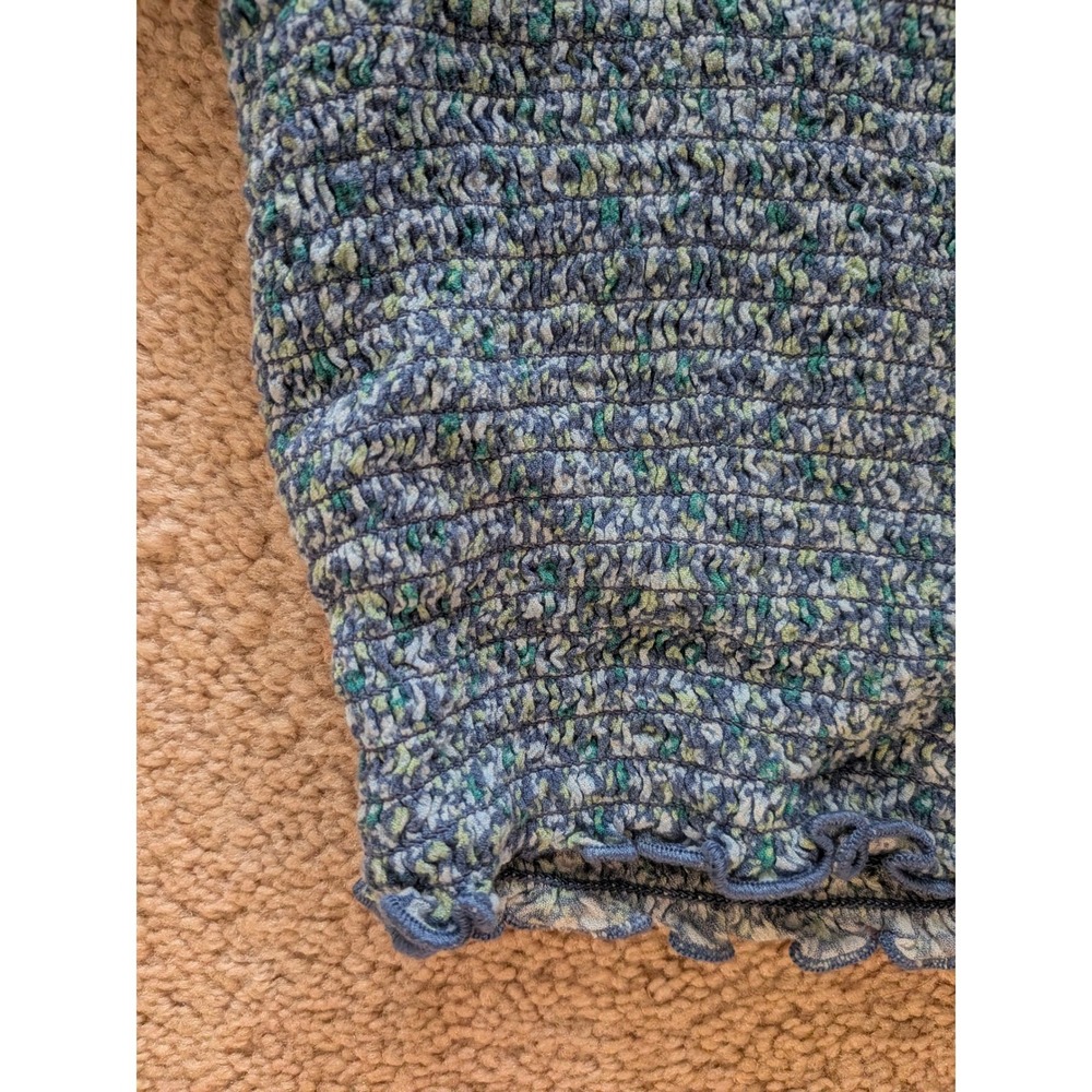 Aerie Smocked Crop Top Large Blue Green Ditsy Floral Square Neck Puff Sleeve - Picture 3 of 7